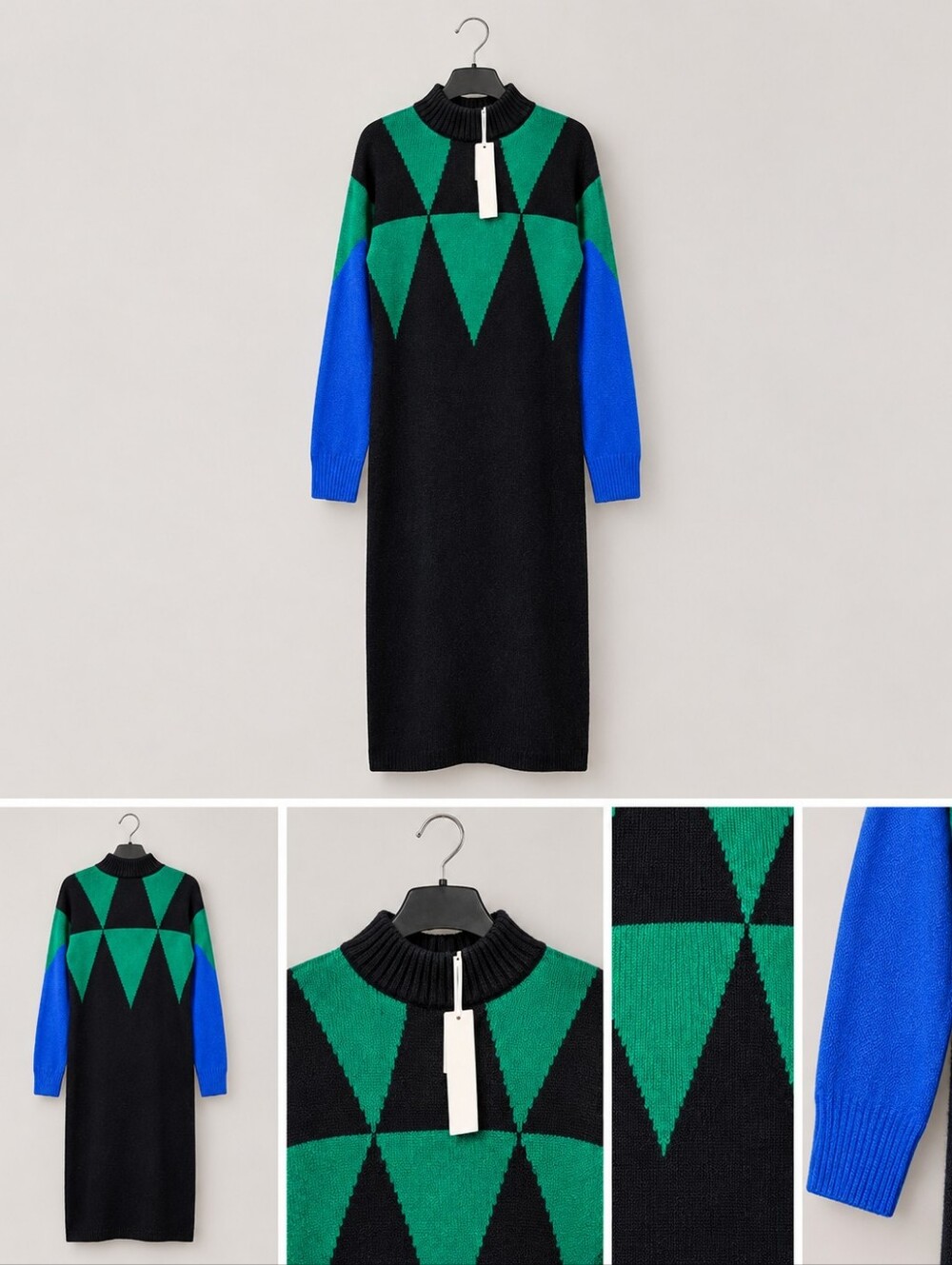 Etcetera Knit Geometric Sweater Dress - Black & Green with Blue Sleeves - NWT
